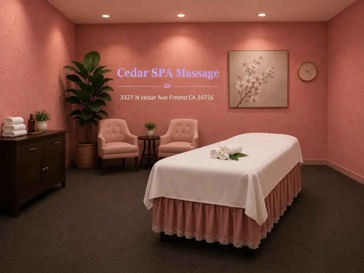 Clean private massage room with warm lighting at Cedar Spa Massage in Fresno CA